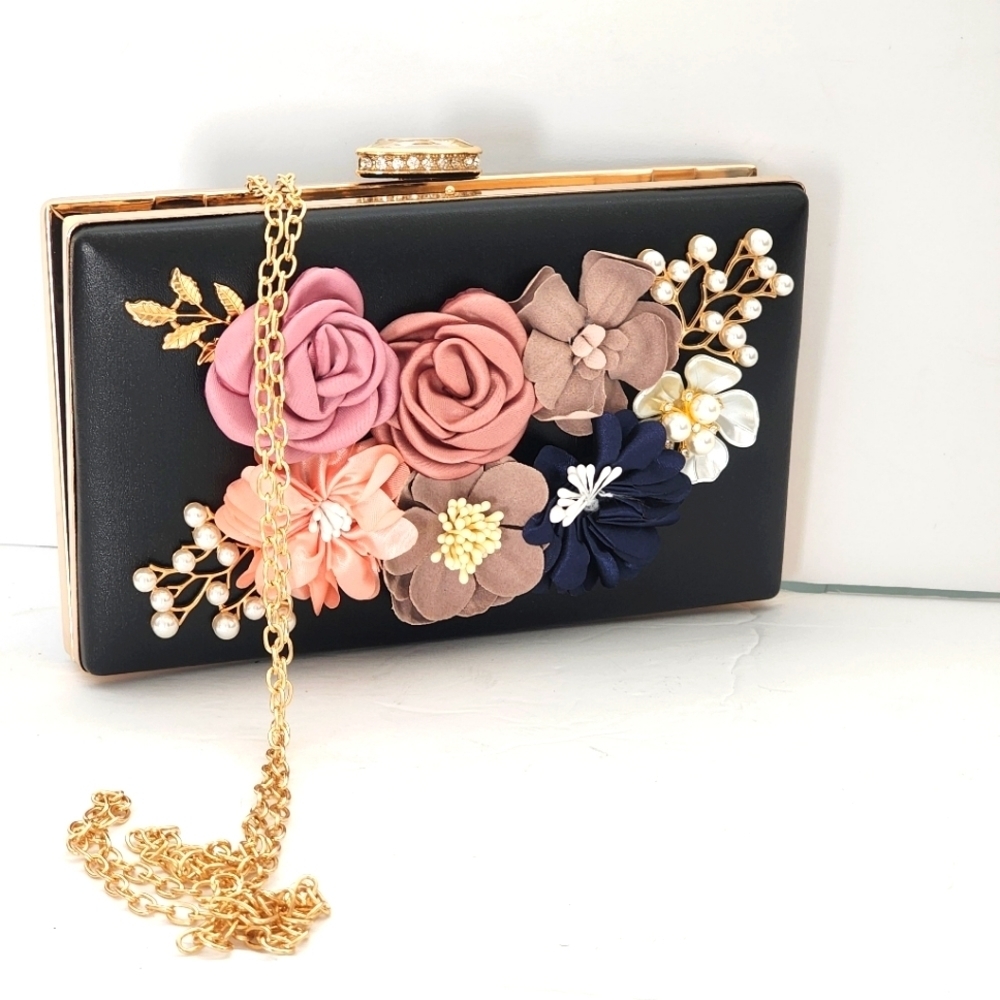 Women's Black Leather Satin Flowers Evening Clutch Bag - Picture 8 of 8
